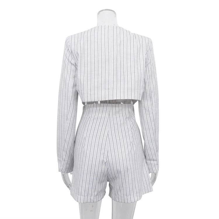Designer Women's Striped Set Casual Oversized Blazer Two Pieces Set For Women Pullover Long Sleeve Shirt Tops And Shorts