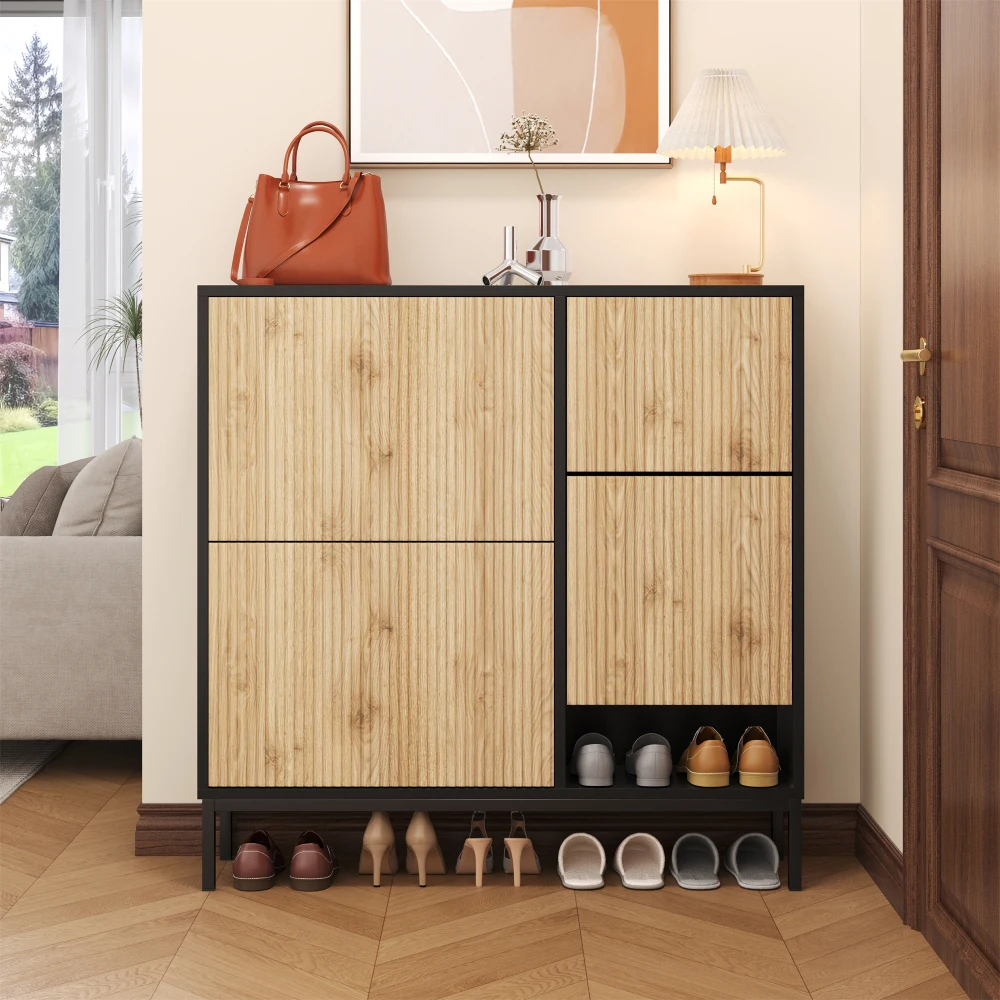 PINGGO Schuhschrank mit Wechselhaken, Schuhregal mit drei Klappen, offene Aufbewahrung für Flur und Schlafzimmer – Detail 3