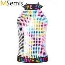  Kids Boys Girls Shiny Sequin Jazz Disco Dance Vest Costumes Sleeveless Rainbow Letter Elastic Band Tank Top Rave Festival Outfit 