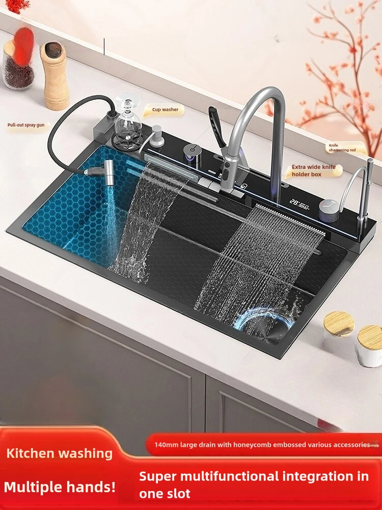 Stainless Steel Waterfall Kitchen Sink Large Single Slot With Knife holder Multifunctional Dishwashing Sinks 6