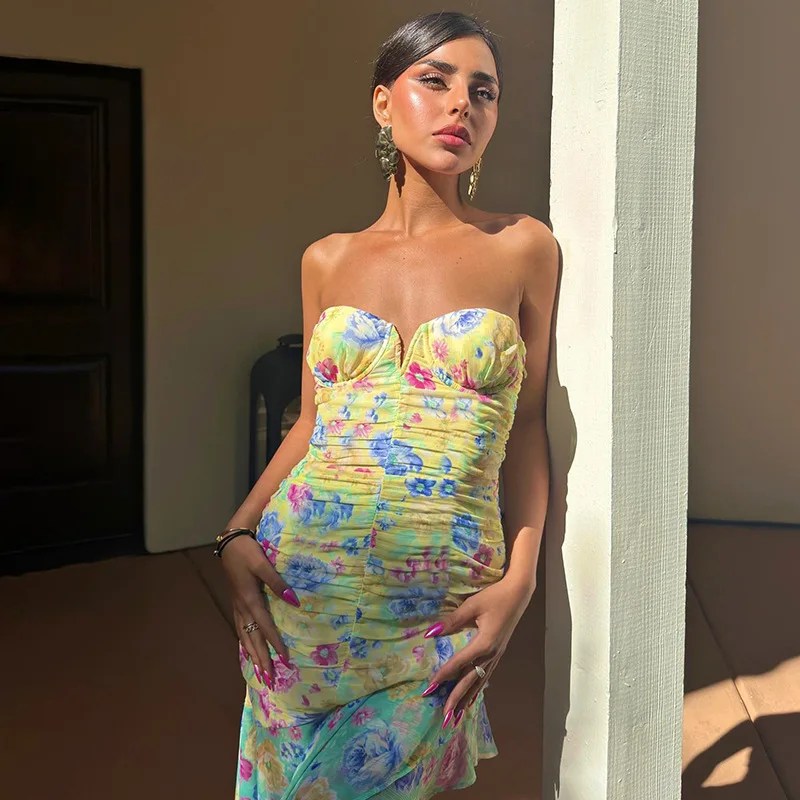 

Floral Printing French Retro One Word Collar Tube Top Dress Sexy Hot Girl Slim Irregular Mermaid Skirt Dress Holiday