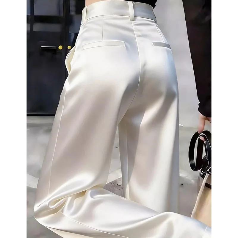 Women Solid Color Acetate Satin Wide Leg Pantalons Korean Lady Fashion Casual Trousers Summer Femme High Waist Straight Leg Pant