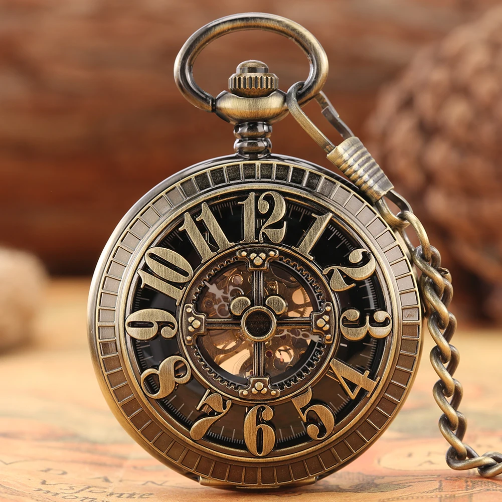 

Bronze Hollow Arabic Numerals Watch Case Men's Retro Mechanical Pocket Watch Hand-Winding Antique Gift Pendant Clock with Chain