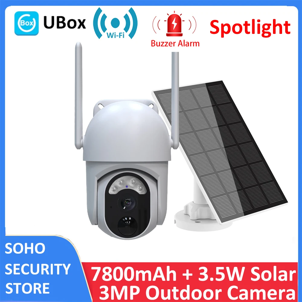 3MP WiFi Battery Solar Power Outdoor Security PTZ PIR Motion Detect Spotlight Color Night Vision CCTV Surveillance Siren Camera