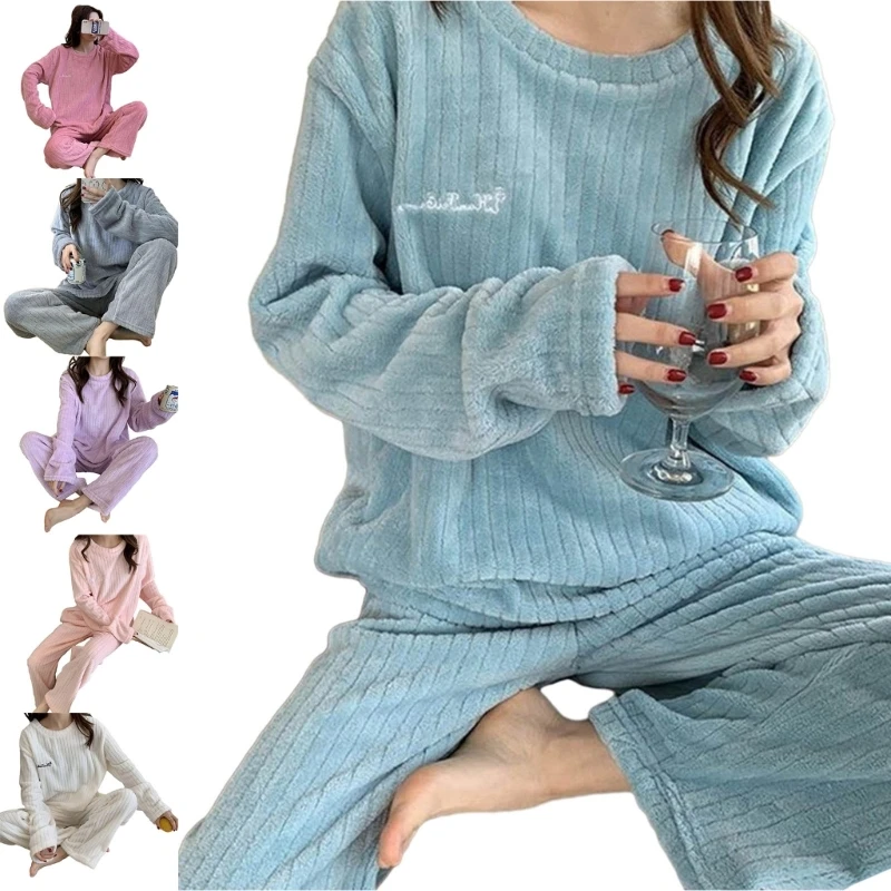 Trendy Women's Fall Sleepwear Sets Neck Long Sleeve Tops and Pants N7YE