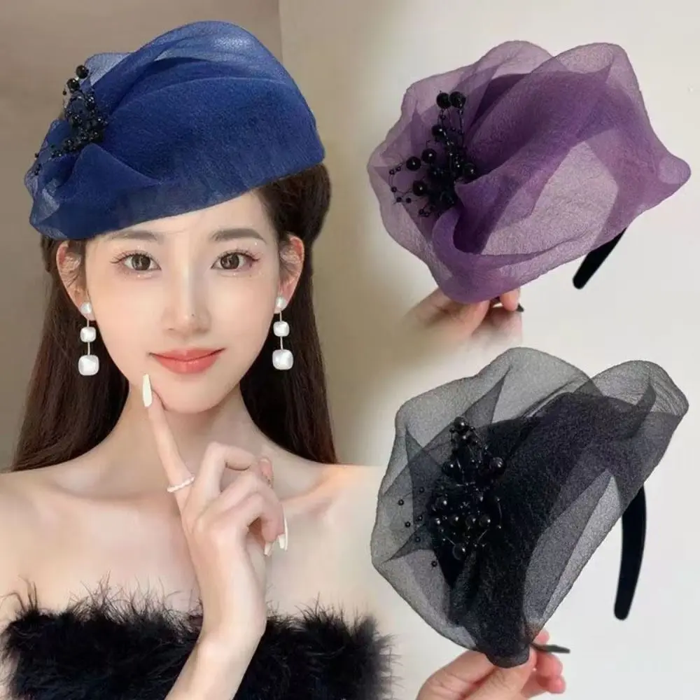 

Plastic Beaded Mesh Hairband Fashion French Hair Accessories Mesh Veil Fascinator Hat Dinner Party Hairband Bead Yarn Half Hat