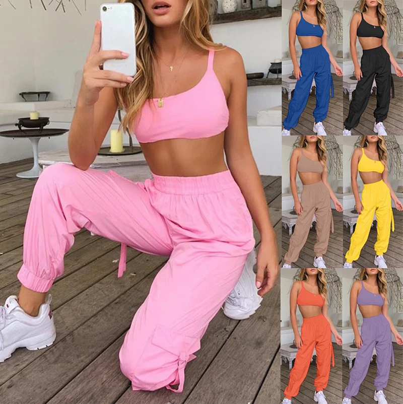 

2023 Summer New Tank Top Pants Two Piece Set Solid Color Women's Clothing High Waist Loose Pants Fashion Sports Work Lady Pants