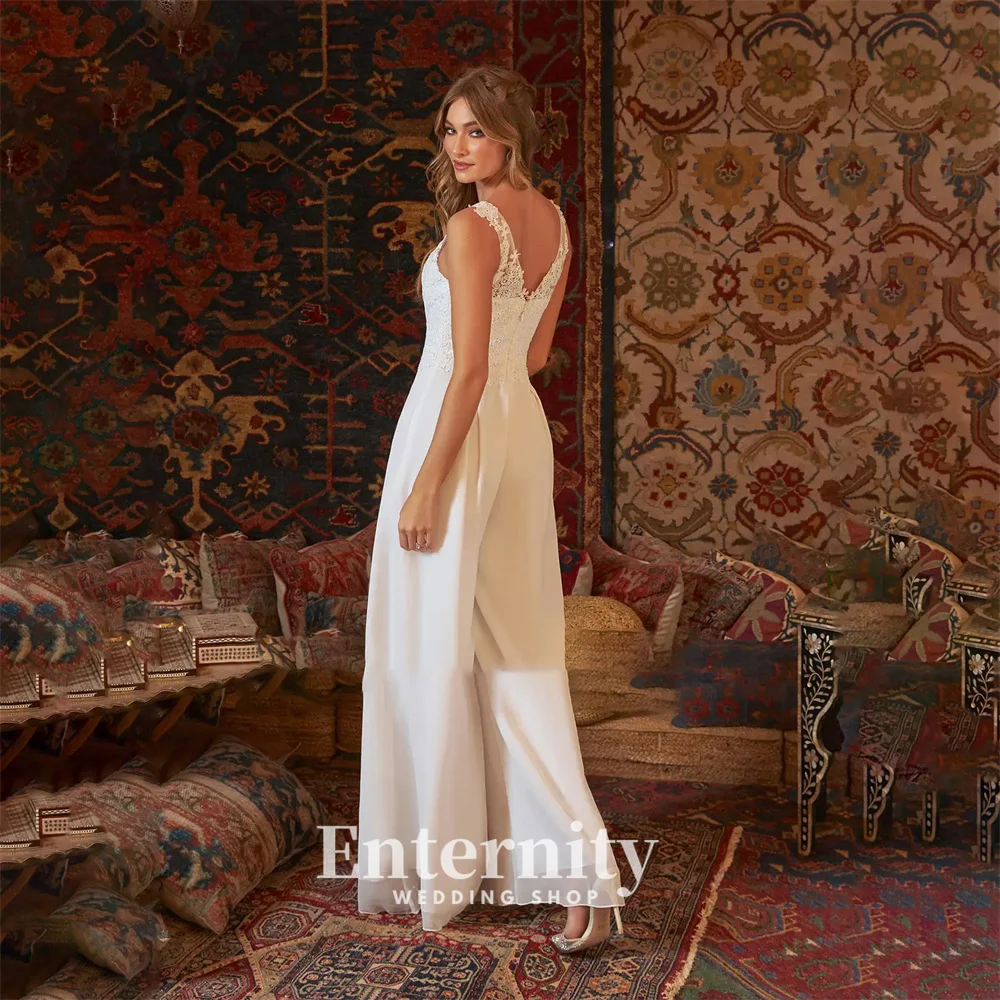 Customized Jumpsuit Bride Dress V-Neck Wedding Dress Modern Floor-Length Lace Chiffon Wedding Dresses for Woman Vestidos Dresses 4