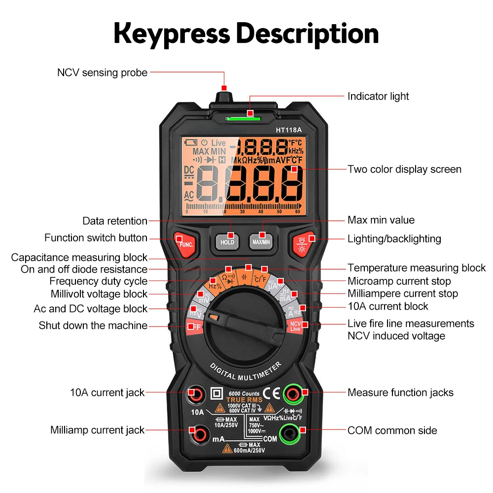 HT118A Digital Multimeter 6000 Counts True Rms NCV HZ Multimeters Transistor Tester Voltimetro Capacitance Meter battery tester