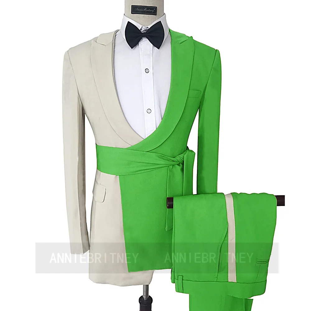 Formal Beige Camel Patchwork Belt Men Suit 2 Pieces Blazer Tailored Jacket Wedding Men Suits For Elegant Groom Tuxedo Pants