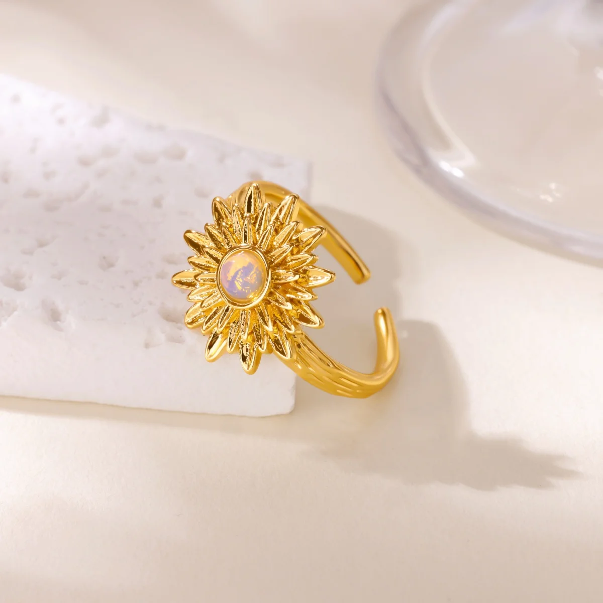 Elegant Opal Flower Ring For Women Silver Color Stainless Steel