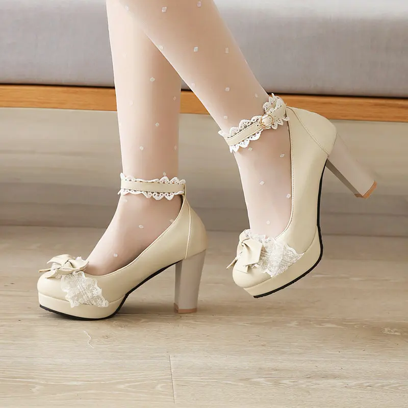 Summer 2023 Ladies Heels Platform Cute Bow Lace Princess Mary Jane Lolita Shoes Party High Heel Buckle Women Pumps Girls Sweet