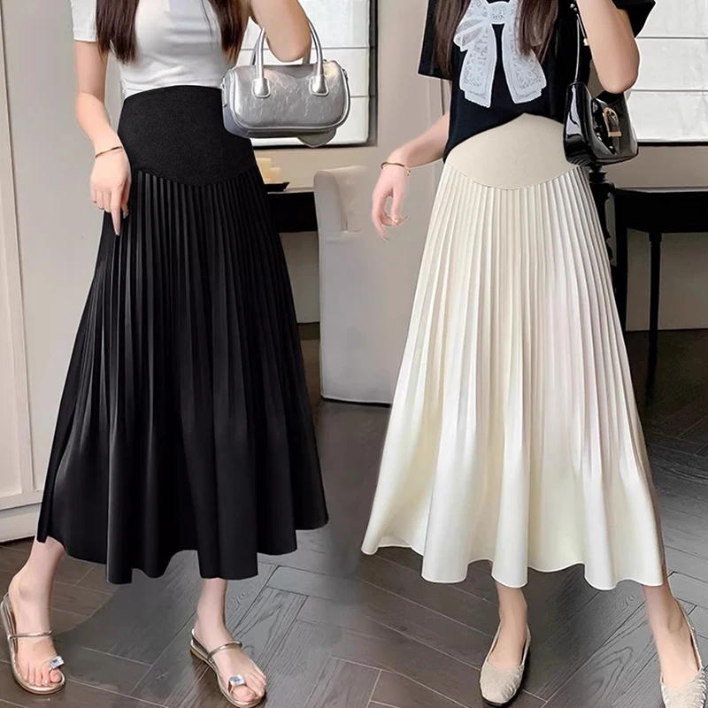Summer Pregnant Woman Midi Skirts Long Loose Elegant Maternity Skirt Flowy Pleated Acetate Satin with High Waist Belly Support
