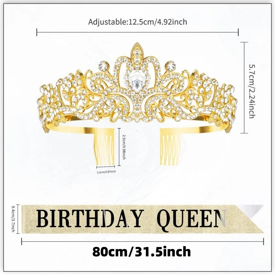 2-teiliges Set Glitzernde Strass-Kristall-Krone Tiara Geburtstagsmädchen Königin Schärpe Krone für Frauen Mädchen Geburtstagsparty Dekorations-Set – Detail 13