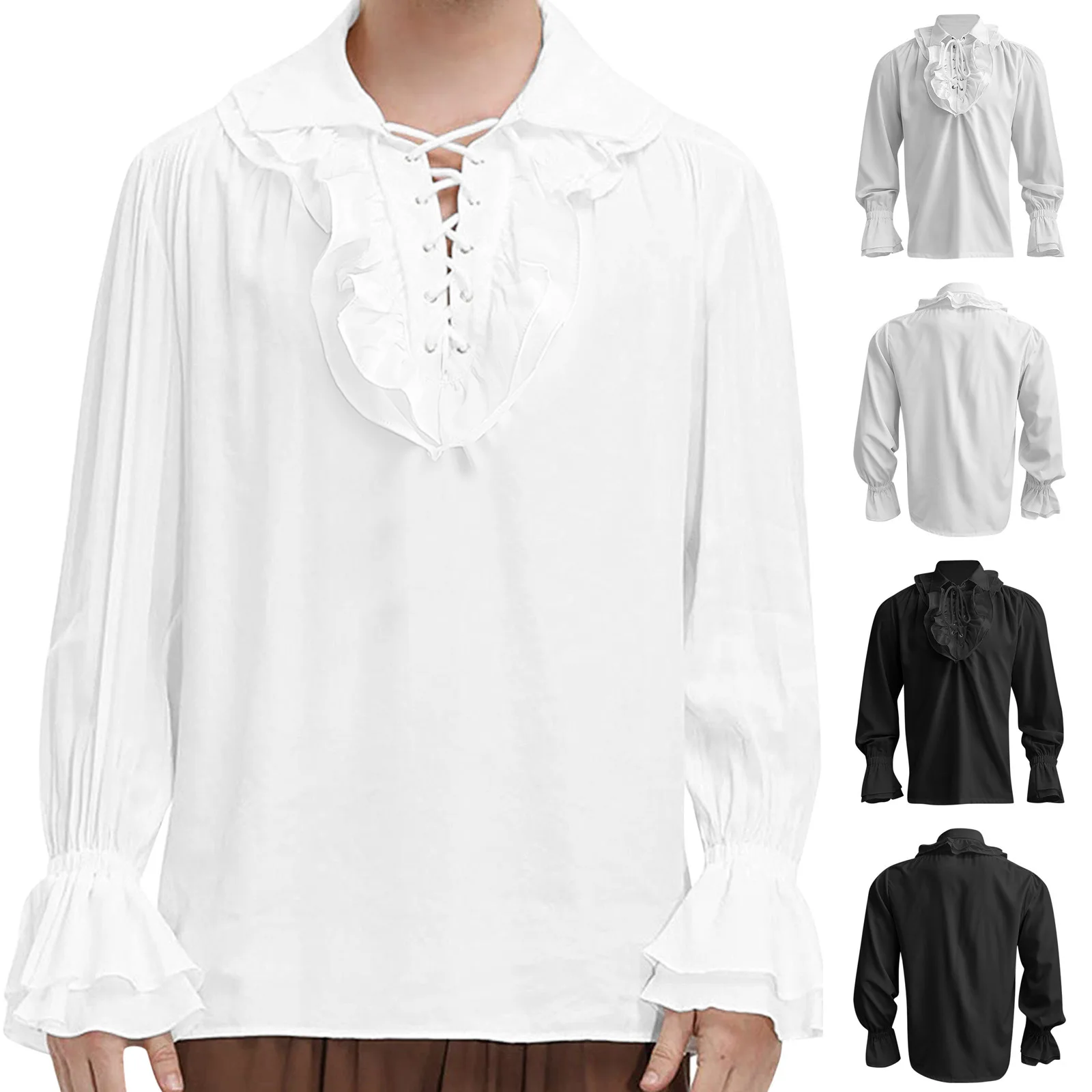 

Victorian Renaissance Ruffled Long Sleeve Lace Up Costume Medieval Steampunk Cosplay Pirate Shirt Prince Drama Stage Mens Tops