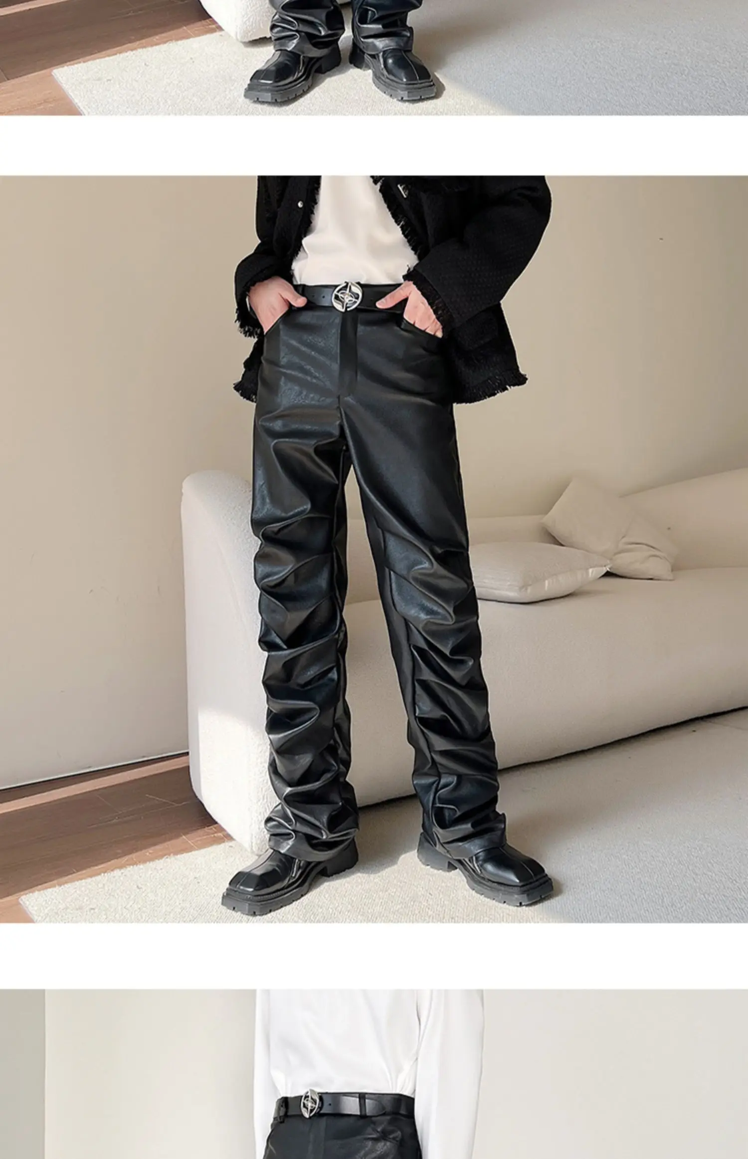 Description Picture 4 of itemLUZHEN High Street Pleated Design Leather Pants Men's Fashion 2024 New Original Straight Trousers Wide Leg Trendy Spring LZ3114