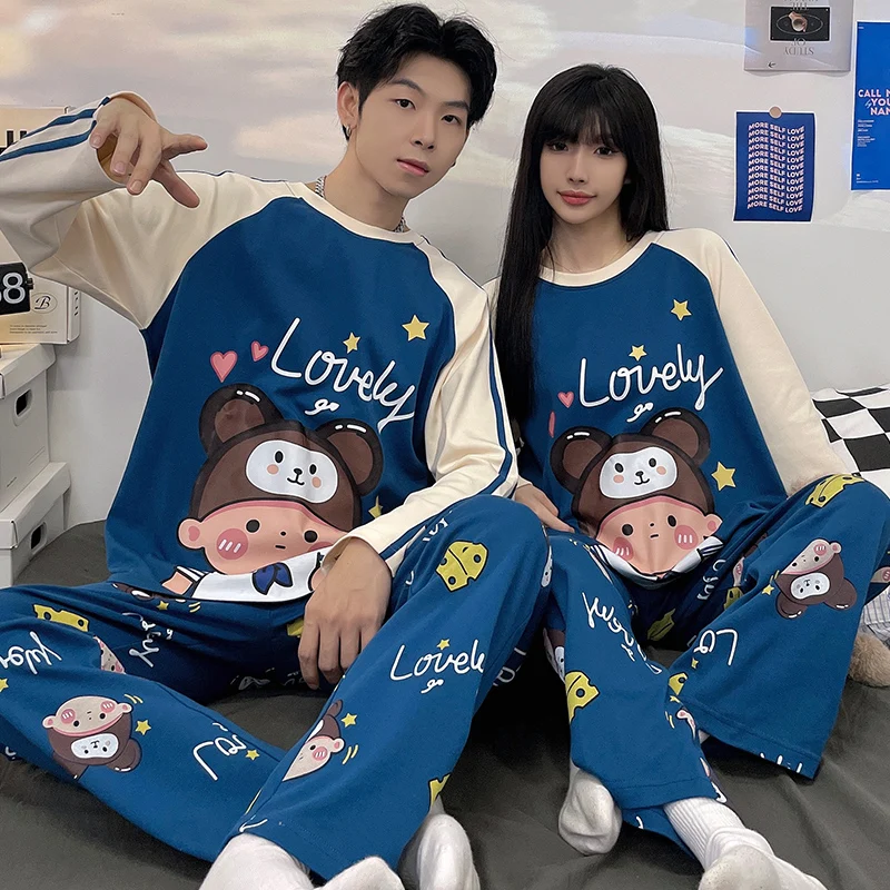 Cartoon Cute Bear Cotton Couples Nightwear Spring Long Sleep Top Pant Pajamas Set Women Matching Homewear Home Clothes Freeship