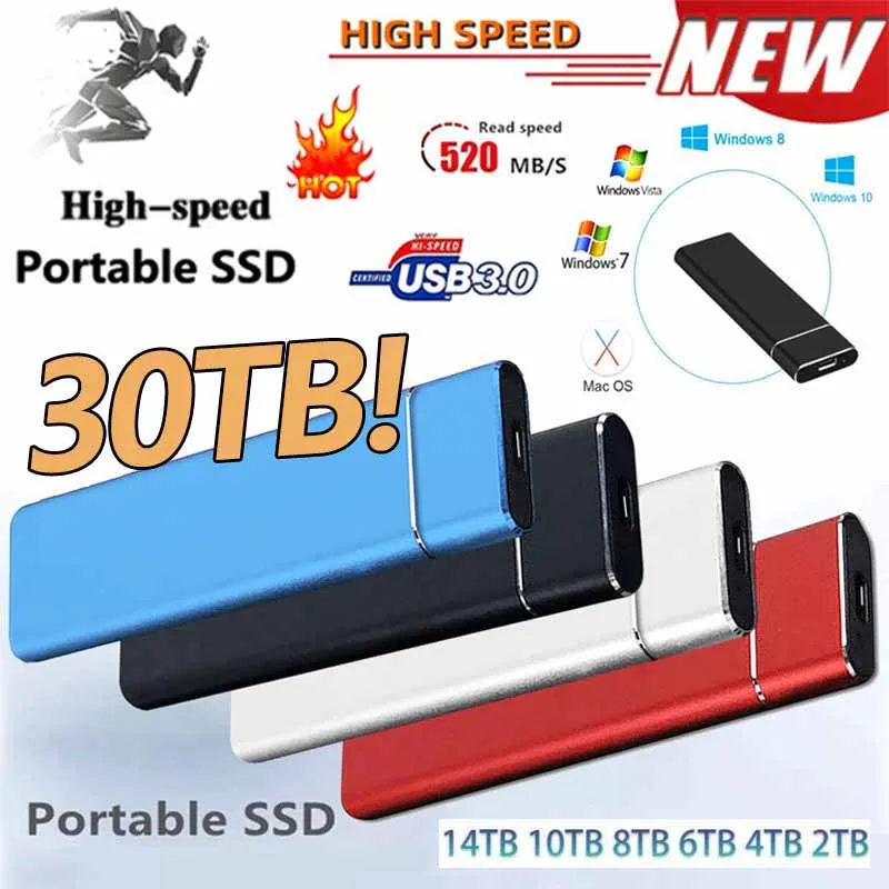 휴대용 외장 솔리드 스테이트 하드 드라이브, 고속 SSD, 30TB, 1TB, 500GB, 16TB, 8TB, USB3.0 인터페이스, 100% 정품 모바일 하드 드라이브