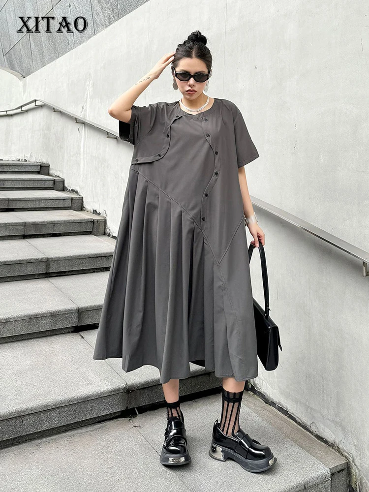 

XITAO Asymmetrical Pleated Dress Loose Fashion Solid Color Splicing Short Sleeve Dress Summer Casual New Loose Women HQQ2310