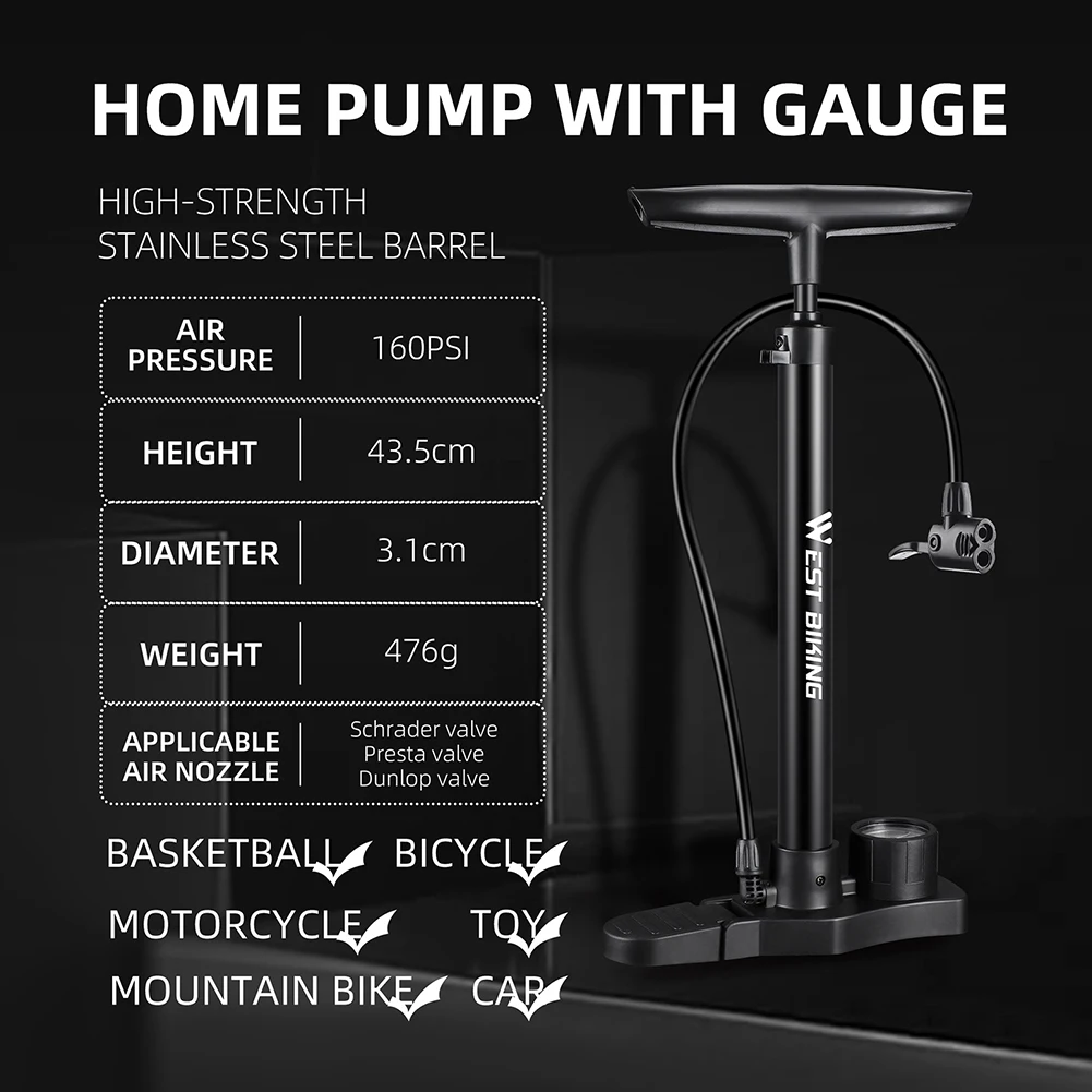 Pompe à Vélo West BIKING 80 PSI – Sol, Compacte, Manomètre, Valve Schrader, 3 Adaptateurs