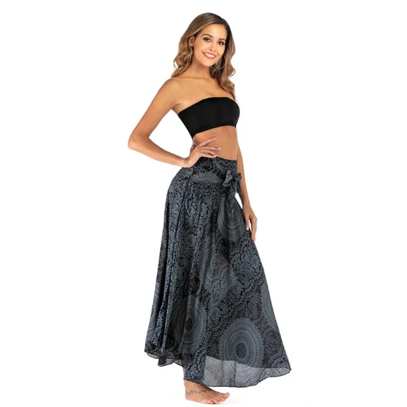 Women Bohemian Floral Print Long Skirt Summer Flowy Asymmetric Elastic High Waist Holiday Beach Maxi Skirt with Adjustable Strap
