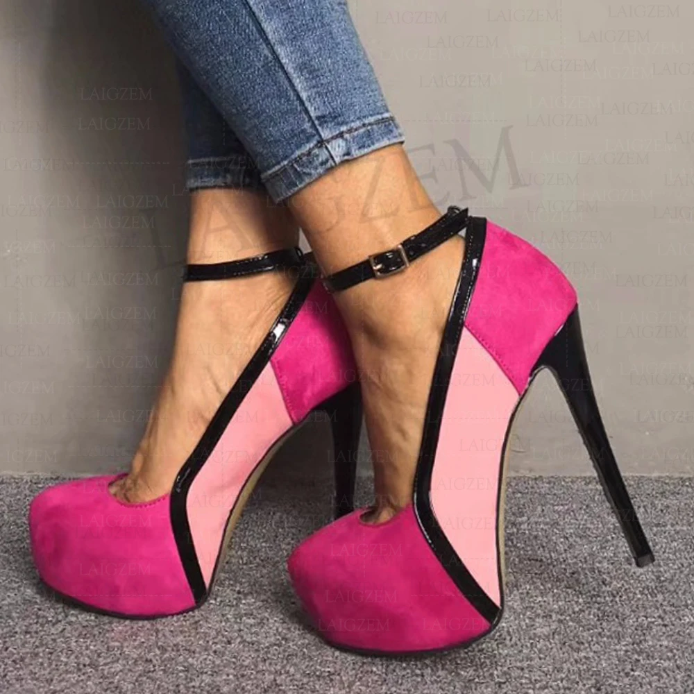 

LAIGZEM FASHION Women Platform Heels Colors Blocking Pumps Evening Party Summer Autum Shoes Tacones Mujer Large Size 38 42 45 52