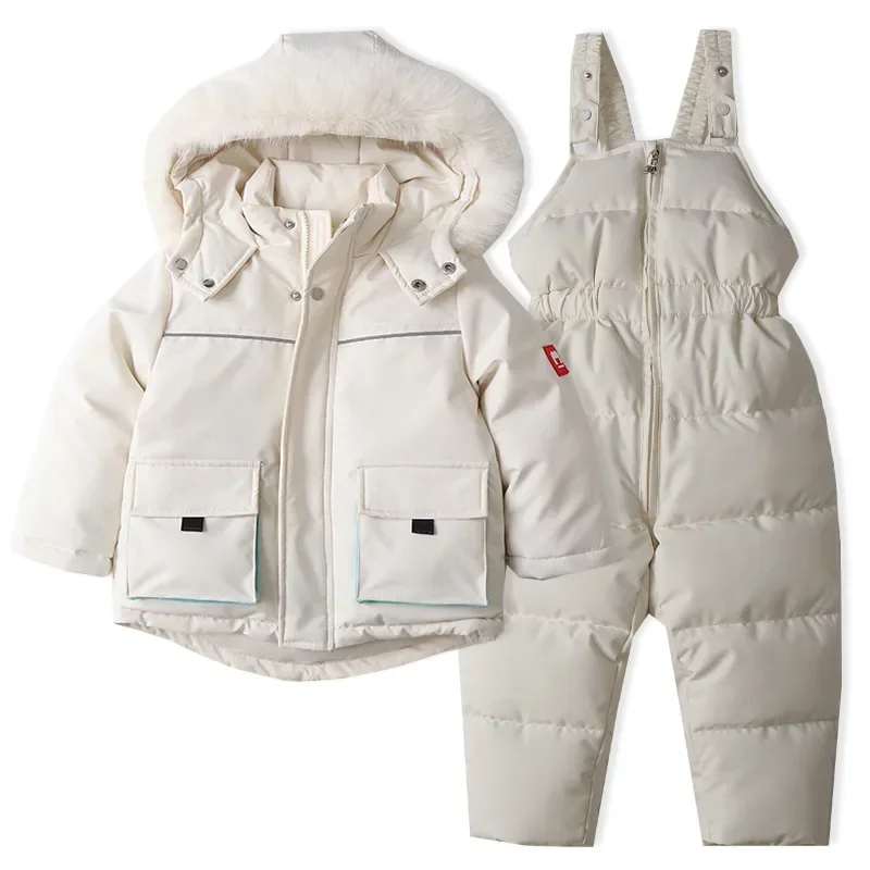 Winter Kids Ski Clothes Set Nylon Fur Lining Hooded Coat