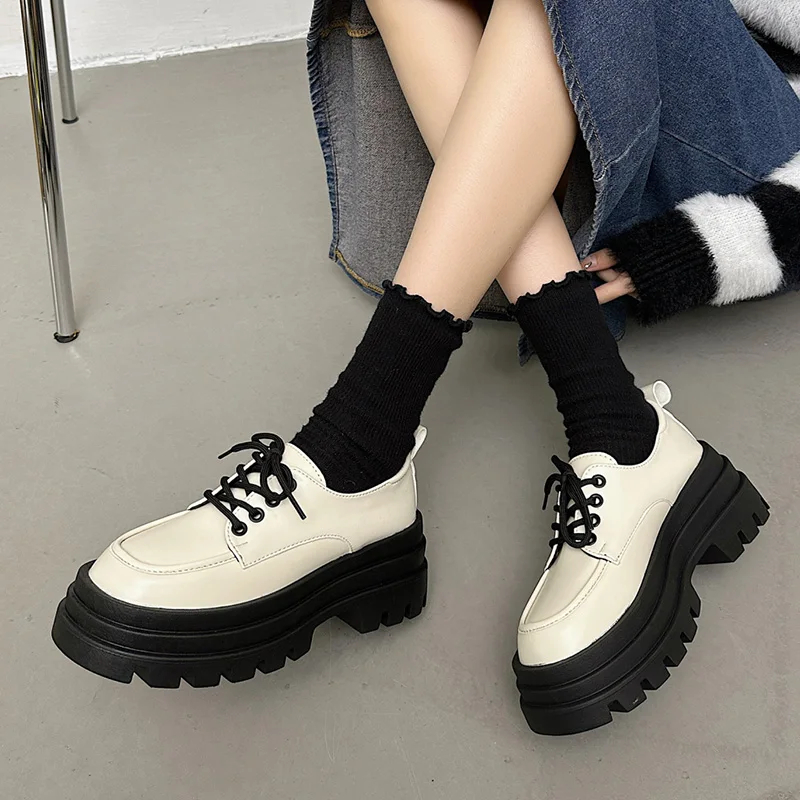 

Women's Black Platform Oxford Shoes 2023 Spring Chunky Heels PU Leather Flat Woman Lace Up Thick Bottom Student Shoes Chaussure