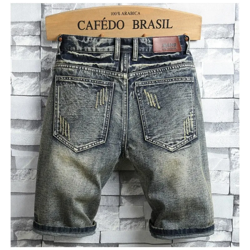High Quality Men's Summer Holes Denim Shorts Jeans Men Straight Retro Shorts Jeans Men Knee Length Cowboy Size 40