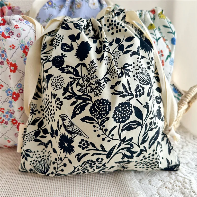 Floral Print Travel Drawstring Bag - Portable Cotton Organizer for Underwear, Socks, and Makeup