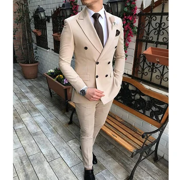 New Beige Men's Suit 2 Pieces Double Breasted Notch Lapel Flat Slim Fit Casual Tuxedos For Wedding (Blazer+Pants)