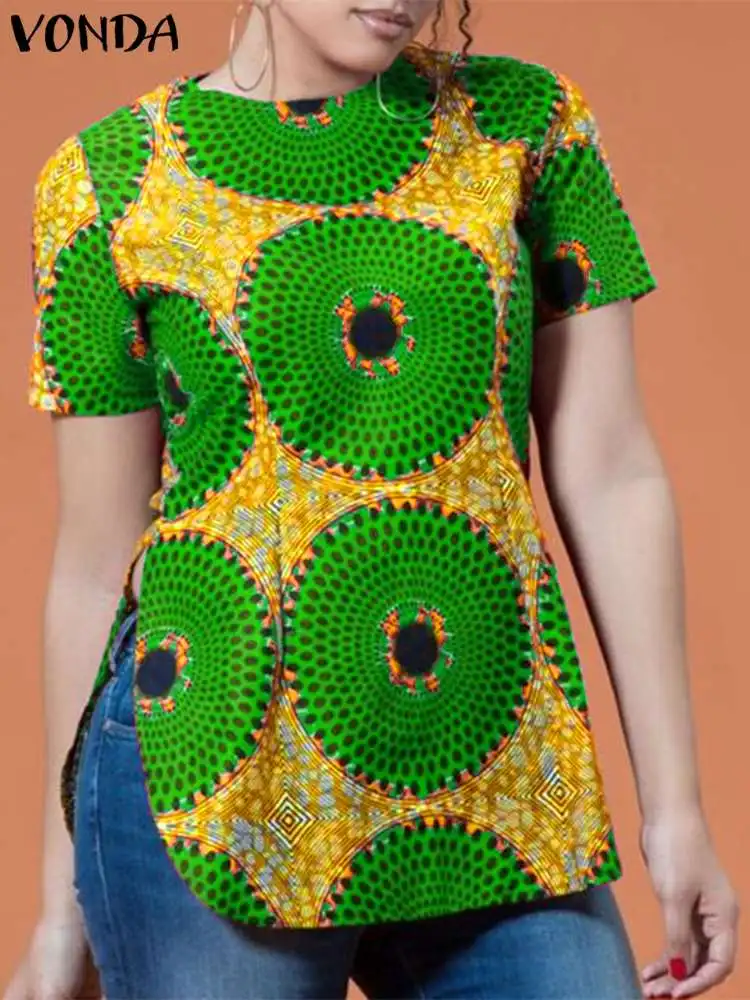 

VONDA Летняя женская богемная блузка с принтом топы с коротким рукавом 2024 модные повседневные свободные рубашки с круглым вырезом винтажные Блузы большого размера