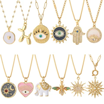 Heart Evil Blue Eye Sun Necklace for Women Cute Dog Bee Elephant Gold Color Pendant Woman's Collars Long Stainless Steel Chains 1