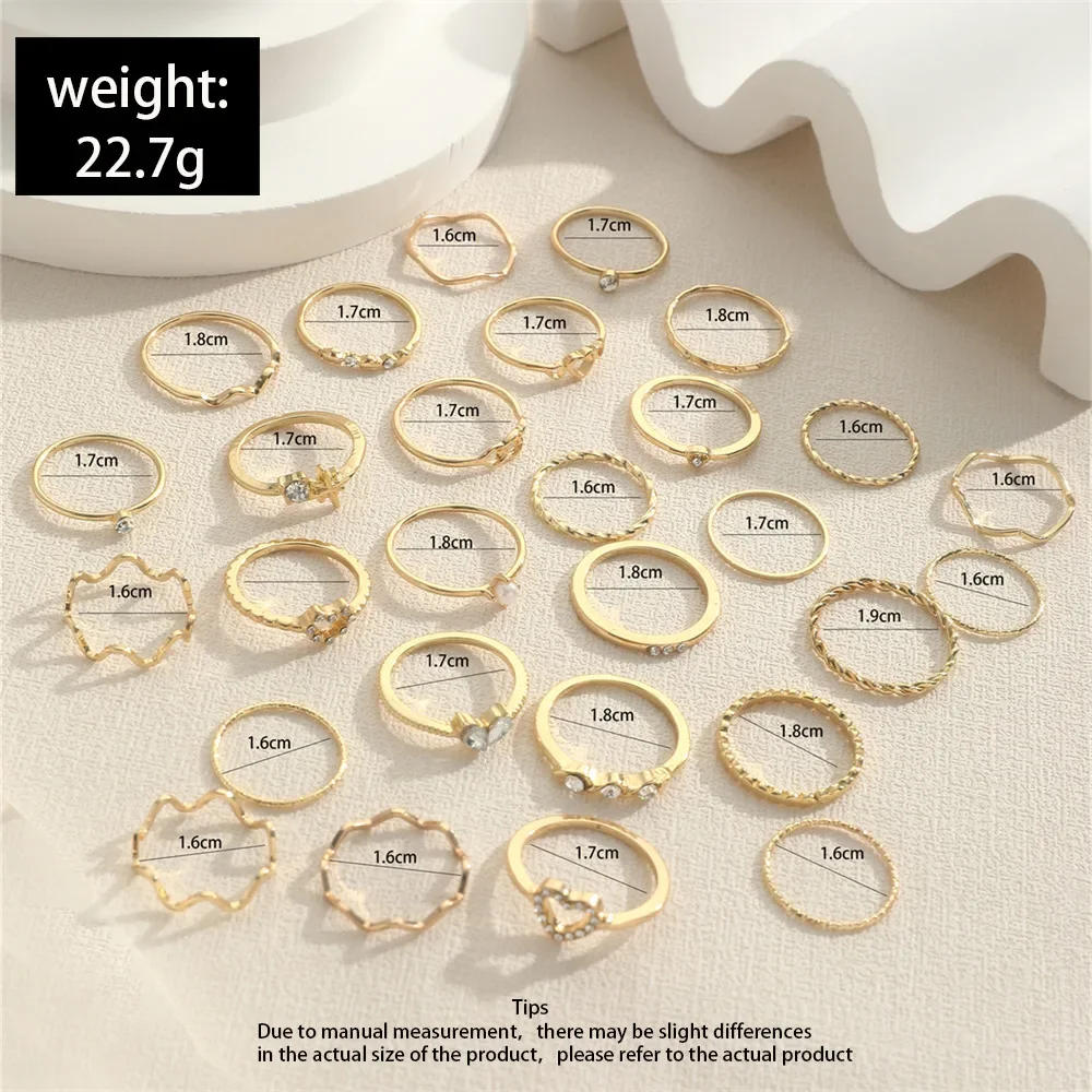 Jewelry Fashion Simple Wave Joint Rings Set For Women Crystal Heart Shape Gold Silver Color Ring Female Party