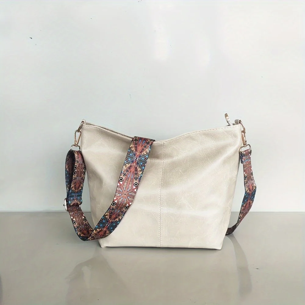 Modische Umhängetasche mit breitem Schultergurt, Retro-Umhängetasche für Damen aus PU-Leder, lässige Beuteltasche – Detail 11