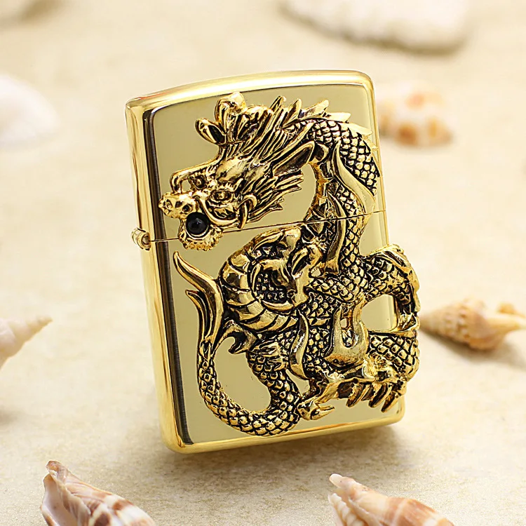 Genuine Zippo Oil Lighter Copper Windproof 3d Chinese Dragon Stamp Cigarette Kerosene Lighters