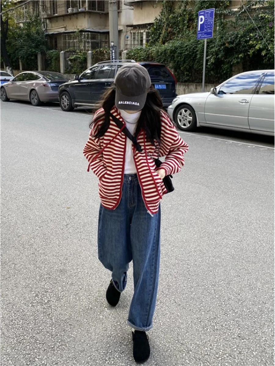 여성용 콘트라스트 스트라이프 후드 지퍼 스웨터 재킷, 캐주얼 긴팔 상의, 루즈 니트 가디건, 용수철 가을 신상