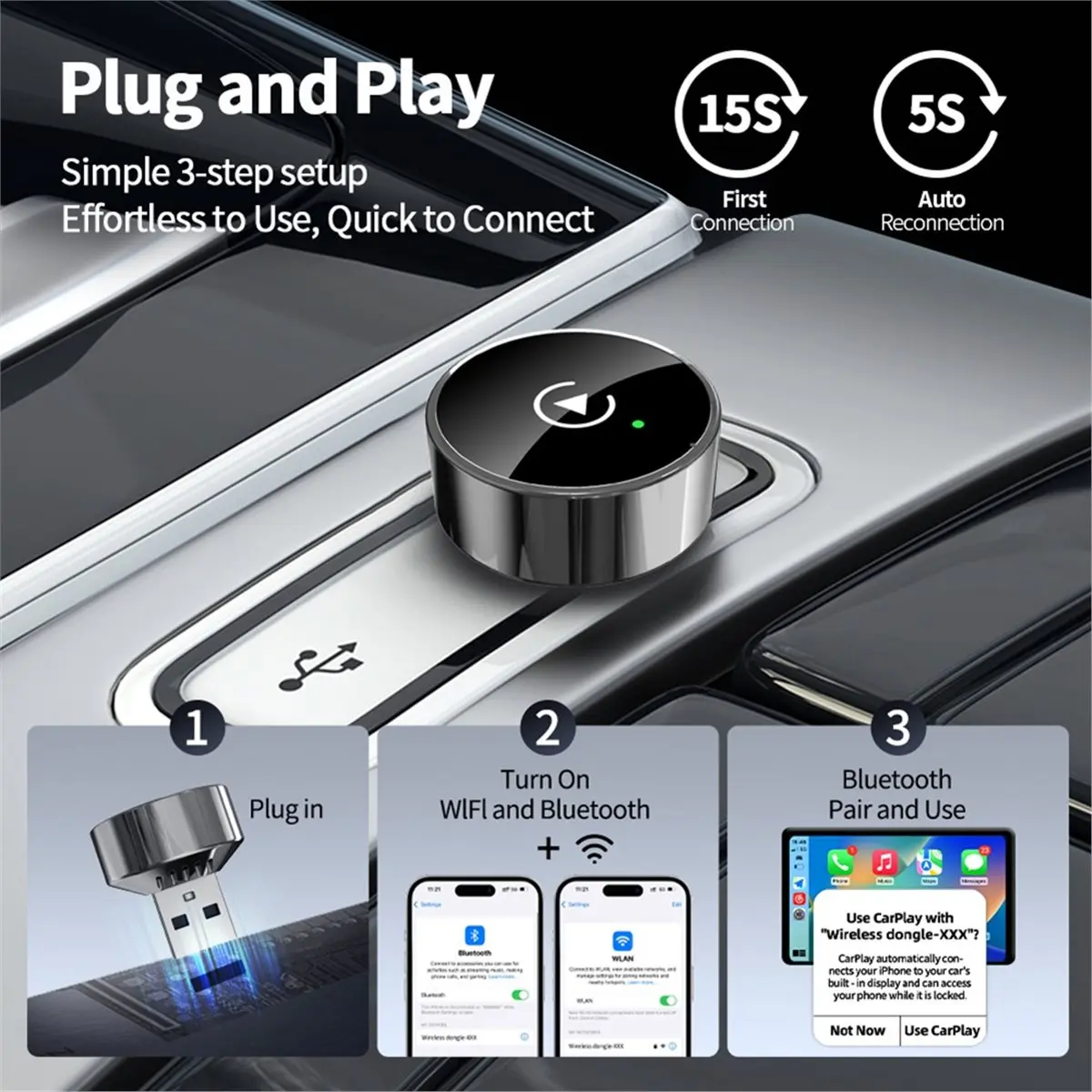 A10R 무선 카플레이 어댑터 안드로이드 오토 2in1 스마트 미니 박스 WIFI BT 자동 연결 플러그 앤 플레이 (대부분의 차종 호환)