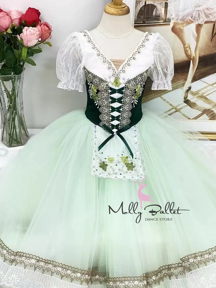 2024 neuestes grünes romantisches Ballettkleid für Erwachsene und Kinder, hochwertige maßgeschneiderte Ballettkleidung für Aufführungen und Wettbewerbe. – Detail 3