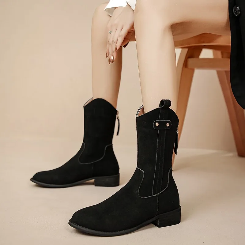 Winter New Leather Round Head Solid Color Comfortable and Warm Back Zipper Women Fashion Boots Mid Sleeve Women's Boots 2023