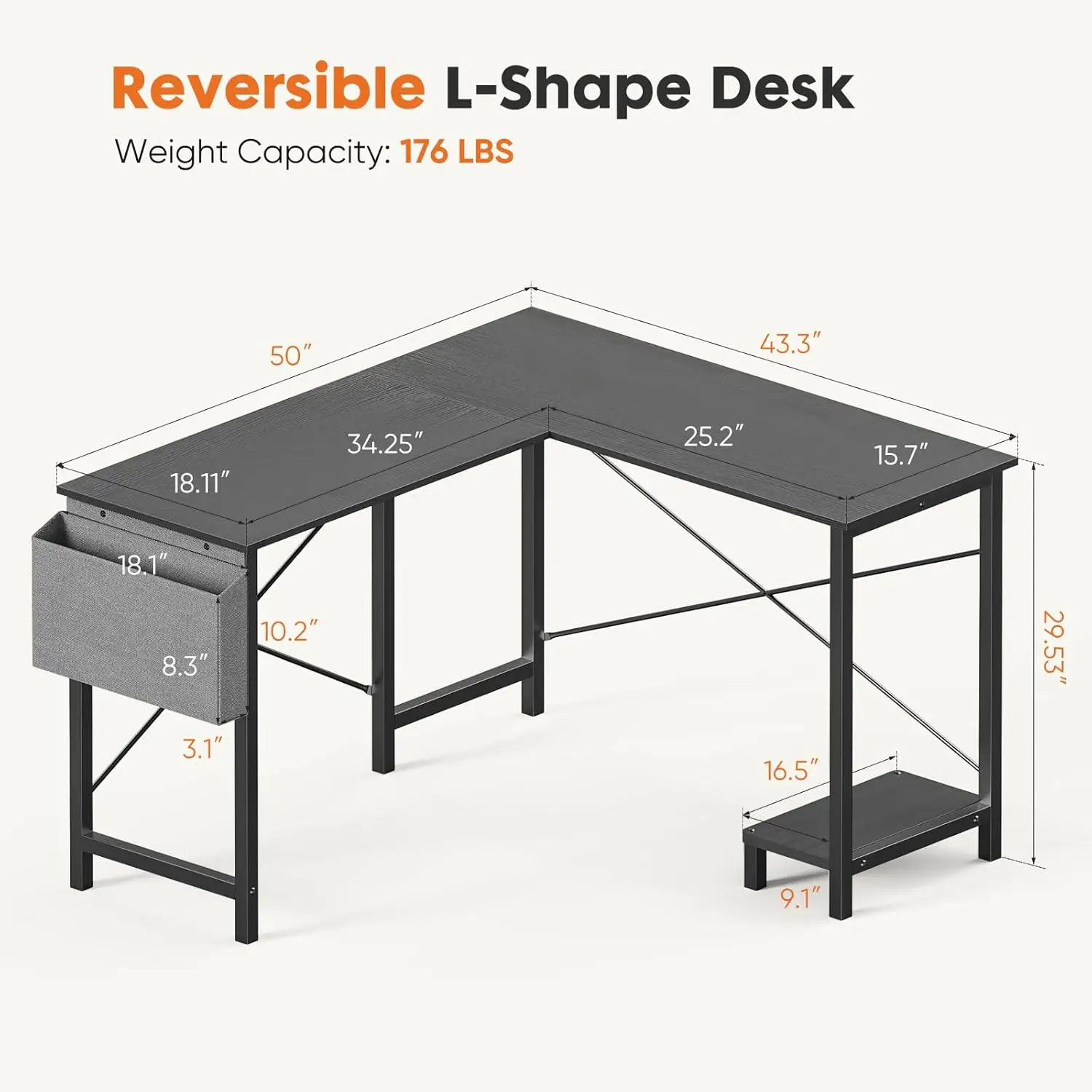 L Shaped Computer Desk - Gaming Table Corner Desk 50 Inch PC Writing Black Desk Study Desks w/ Wooden Desktop CPU Stand Side 5
