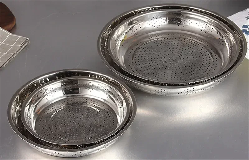 Thickened Stainless Steel Leak Colander Plate Round Hole Tray Deep Pallet Steamer Rice Bean Disc Drainage Plate Set