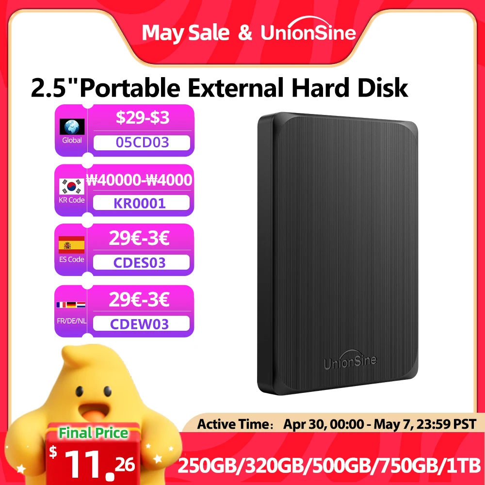 

Портативный внешний жесткий диск UnionSine HDD, 2,5 дюйма, 1 ТБ/750 Гб/500 Гб/250 ГБ, USB, память совместима с ПК, Mac, настольными компьютерами, MacBook,TV