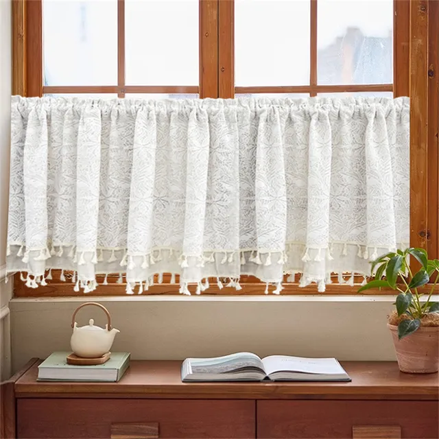 Tenda In Pizzo Bohemienne Per Finestre Piccole - Cotone Beige Trasparente Per Cucina, Bagno E Lavandino - Foto 6