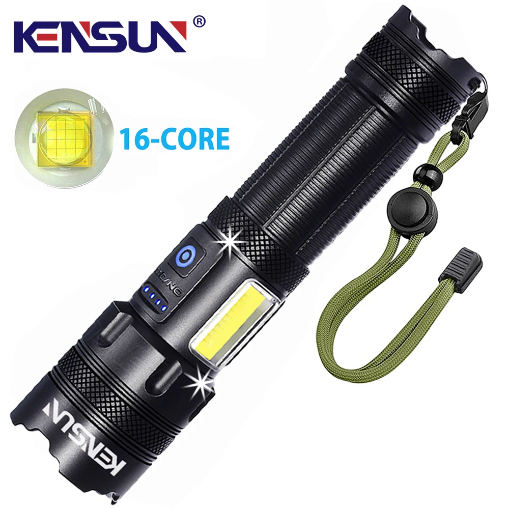 High Power LED Flashlight With Dual Color COB Side Light Powerful 16-Core Tactical Torch Usb Charging Rechargeable Lantern