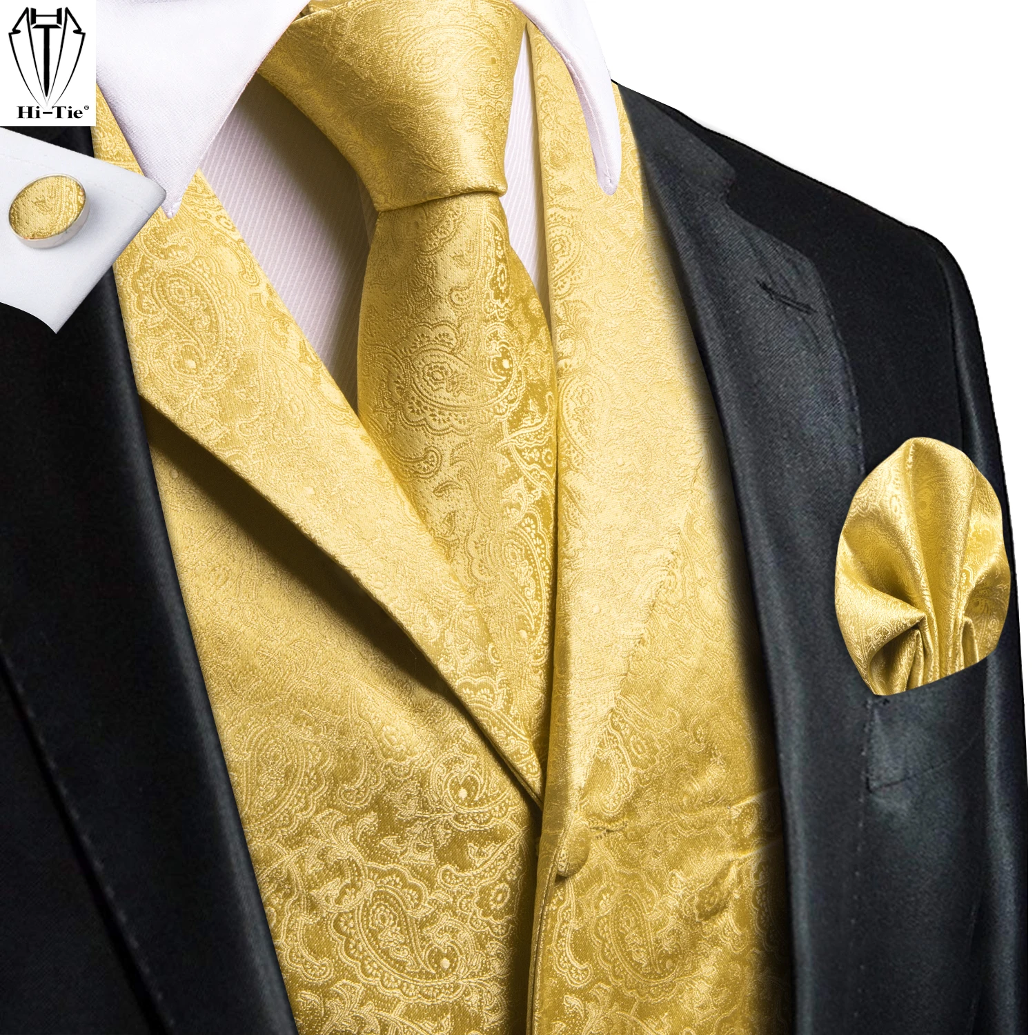 

Hi-Tie Silk Men Vest Tie Set Jacquard Half Flat Collar Western Waistcoat Sleeveless Jacket Necktie Hanky Cufflink Wedding Office