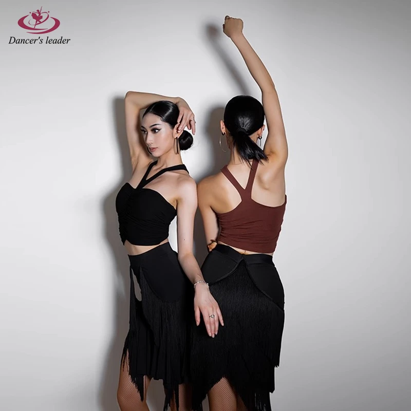 

Latin Dance Dress High-end Custom New Knitted Strapless Neck Top Cha Cha Tango Stage Professional Clothing