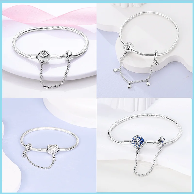 Silver Bracelet Sterling Silver 925 Bracelet Fit Charms Butterfly Stars Moon Safety Chain Bracelet Woman