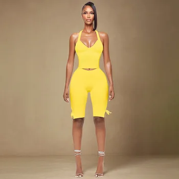 Women Solid Sexy 2 Piece Set Summer Tracksuits Lace Up Halter Backless Tank Crop Tops + Skinny Knee Length Pants Fitness Suits 1