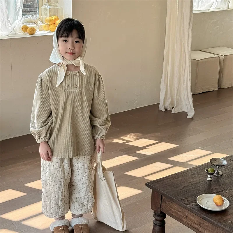 겨울 아동 코듀로이 블라우스 가을 여아 따뜻한 긴팔 상의 키즈 플러스 벨벳 두꺼운 티셔츠 풀오버 캐주얼 의류